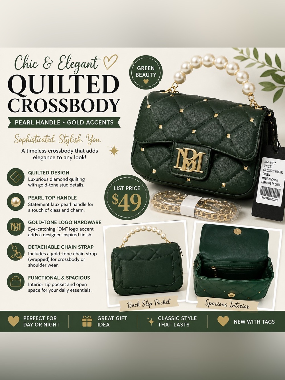 NWT Green Quilted Crossbody Bag Pearl Handle Gold Hardware
